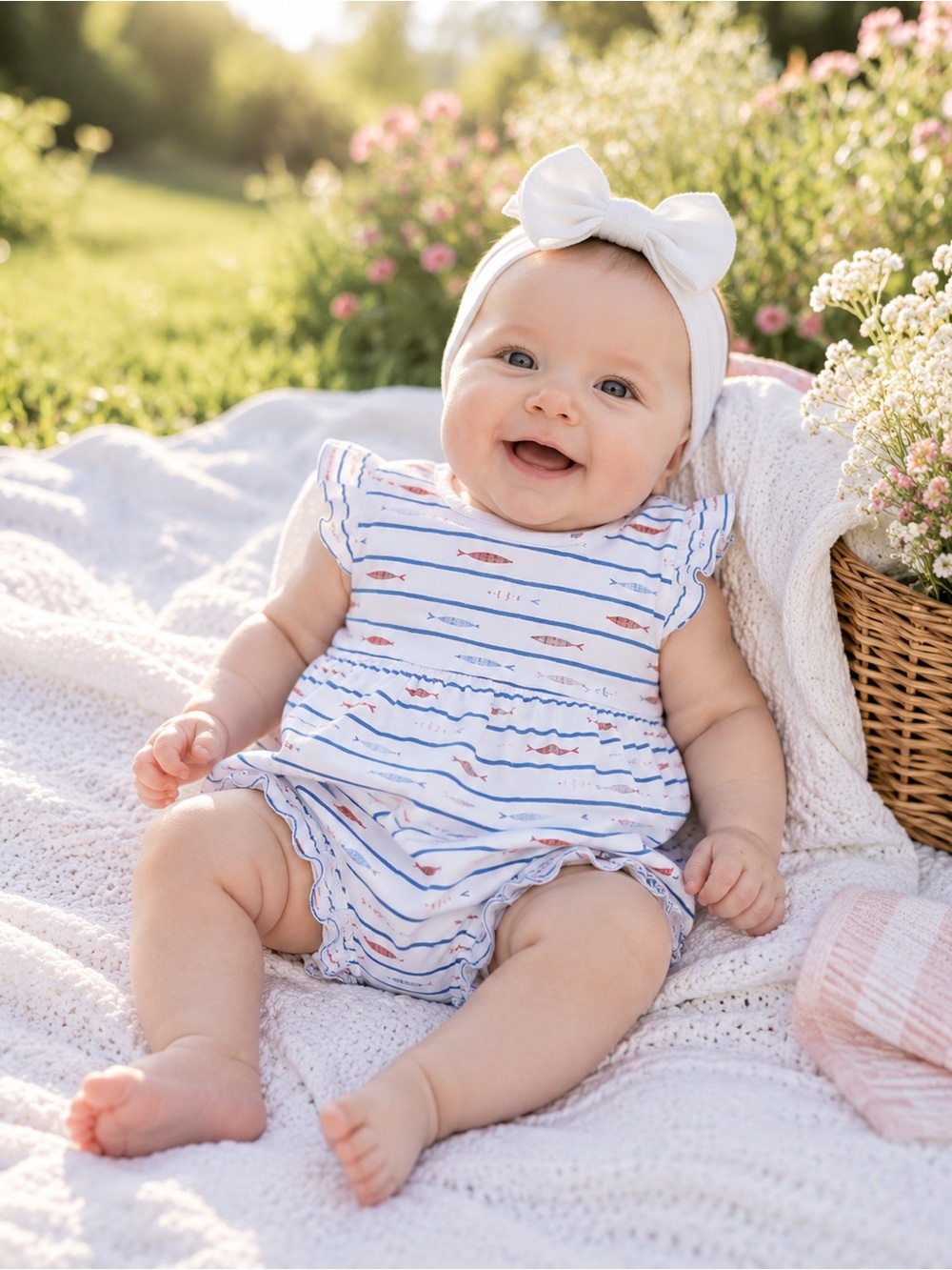 3M Bailey Boys Fish Print Bubble Romper Blue White Nautical Baby‎ Girl